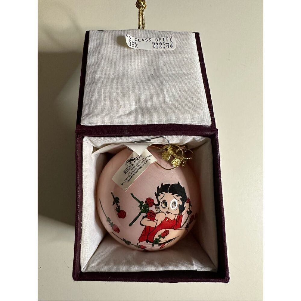 Vintage Collectible Betty Boop Glass Pink Roses Christmas Ornament Hand Painted